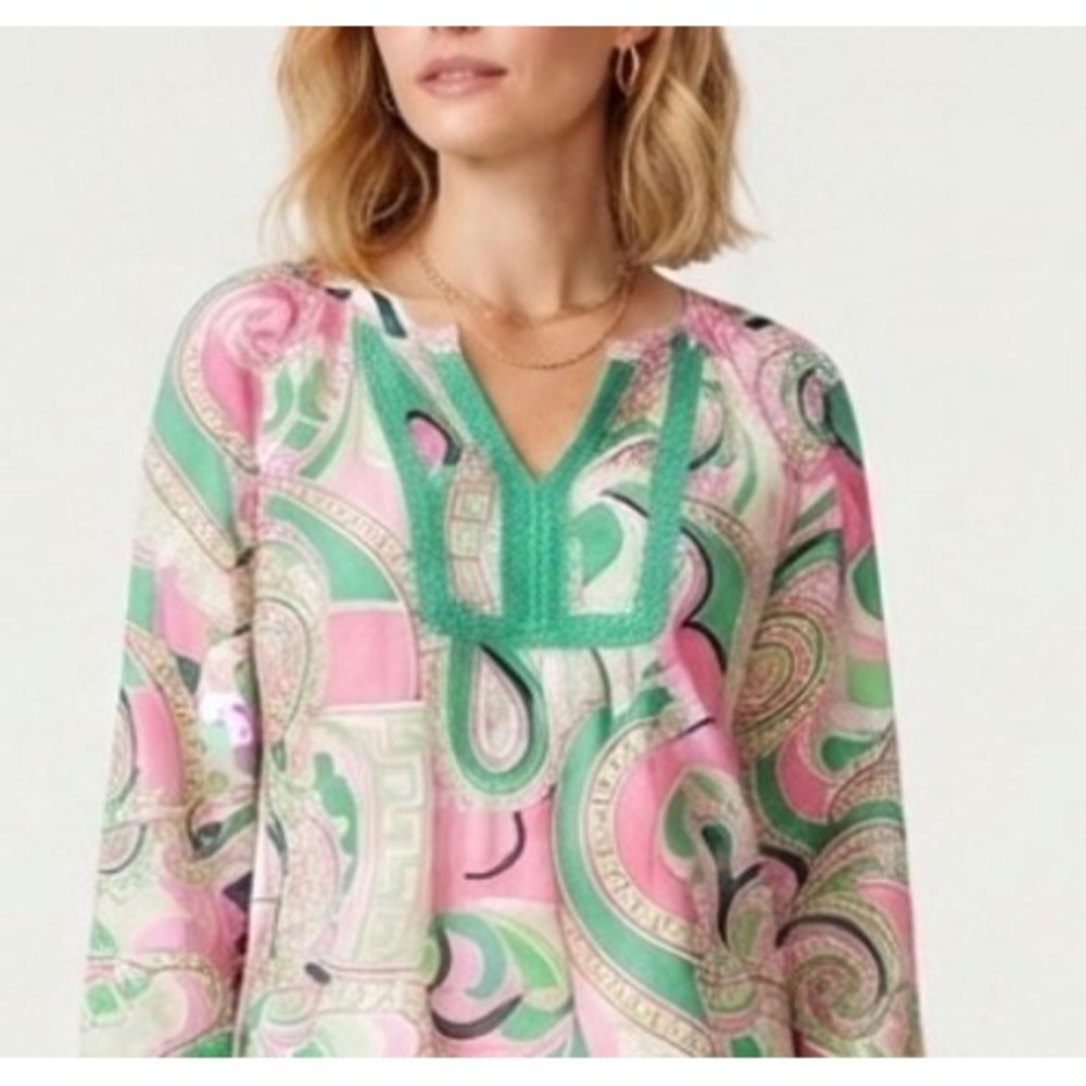 Crown & Ivy Petite Pink Green Paisley‎ Crochet Trim 3/4 Sleeve Blouse PL